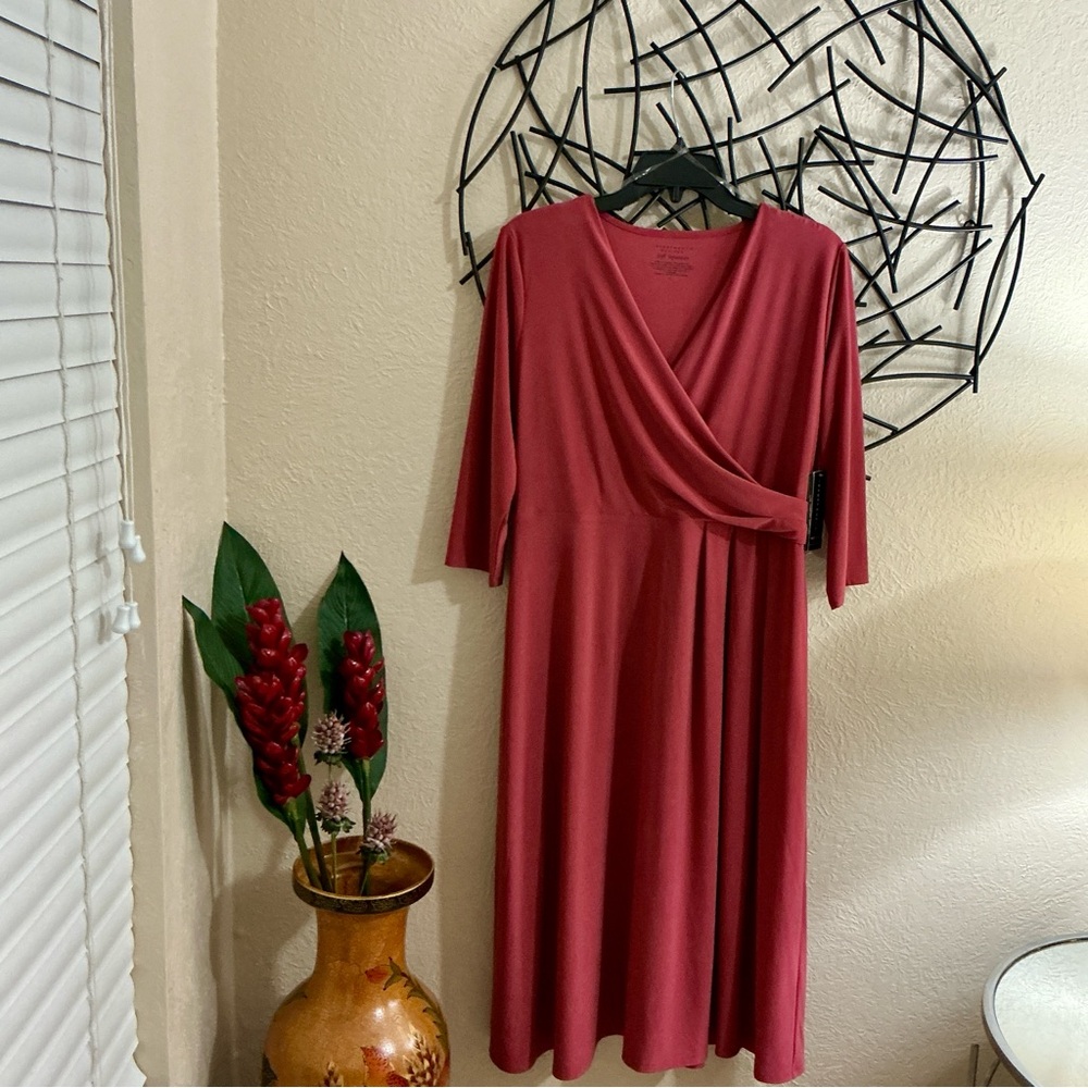 Investments Soft Separates Faux Wrap V-Neck 3/4 Sleeve Midi Dress Petite Size PL